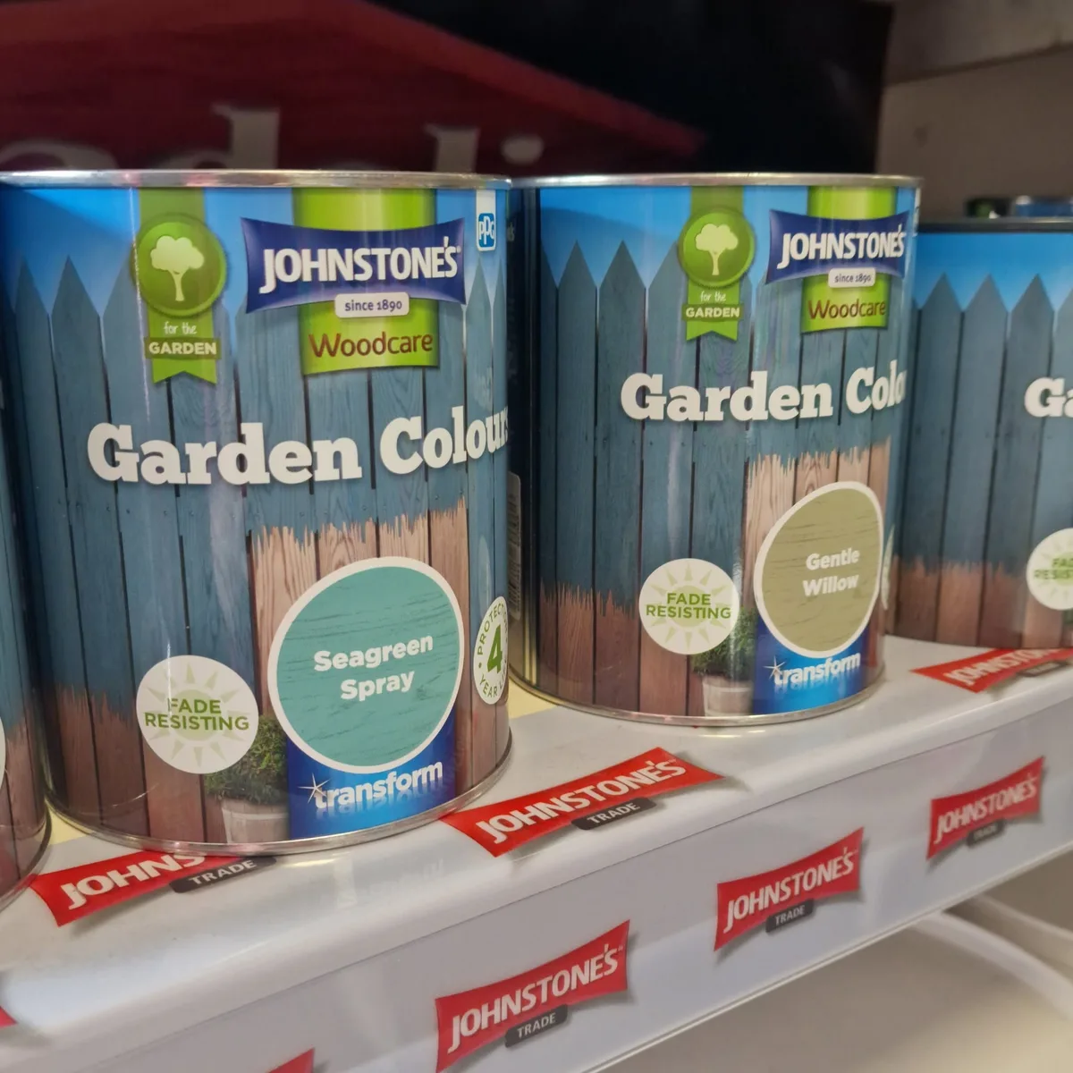 Johnstone's Trade Garden Colours woodcare tins on the shelf